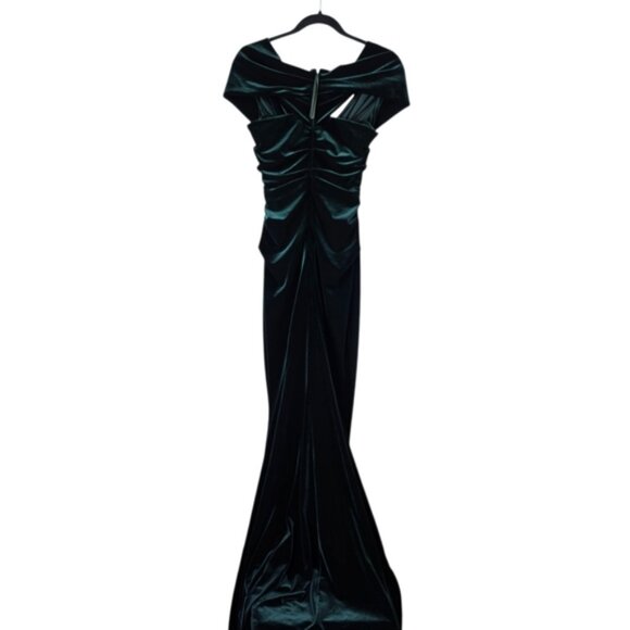 Talbot Runhof Bobonne Off-The-Shoulder Ruffled Stretch-Velvet Gown in Dark Green - Picture 4 of 7
